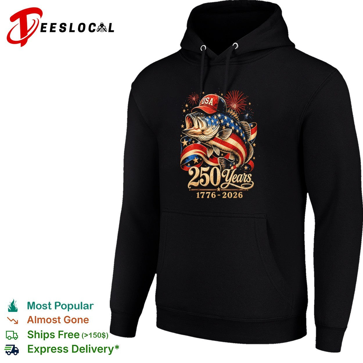 USA 250 Years 1776 2026 Bass Fishing Patriotic Fireworks American Flag shirt
