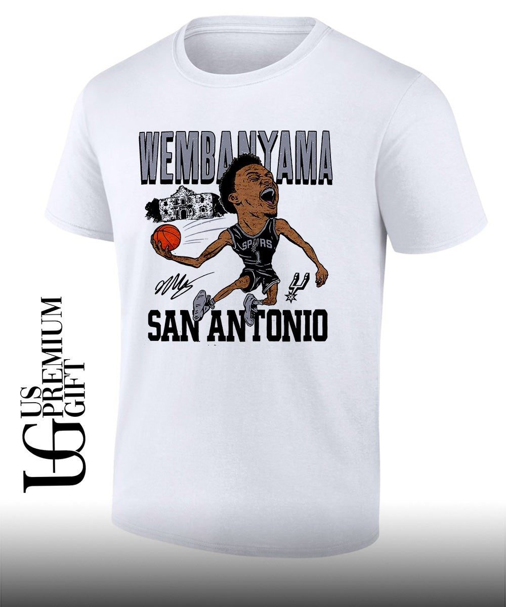 WEMBANYAMA Victor Wembanyama shouting celebrating holding basketball San Antonio Spurs 2024 NBA caricature graphic shirt
