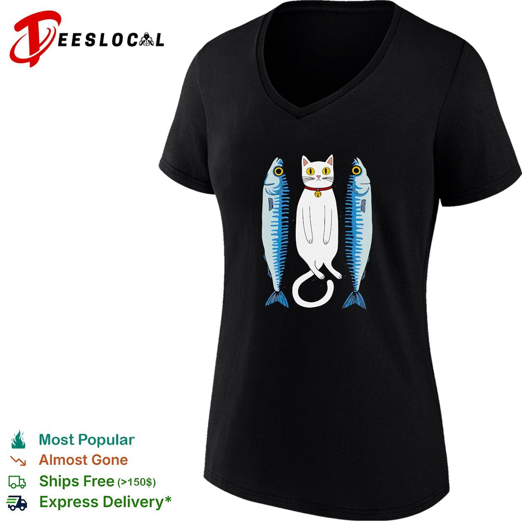 White cat with two fish meme shirt