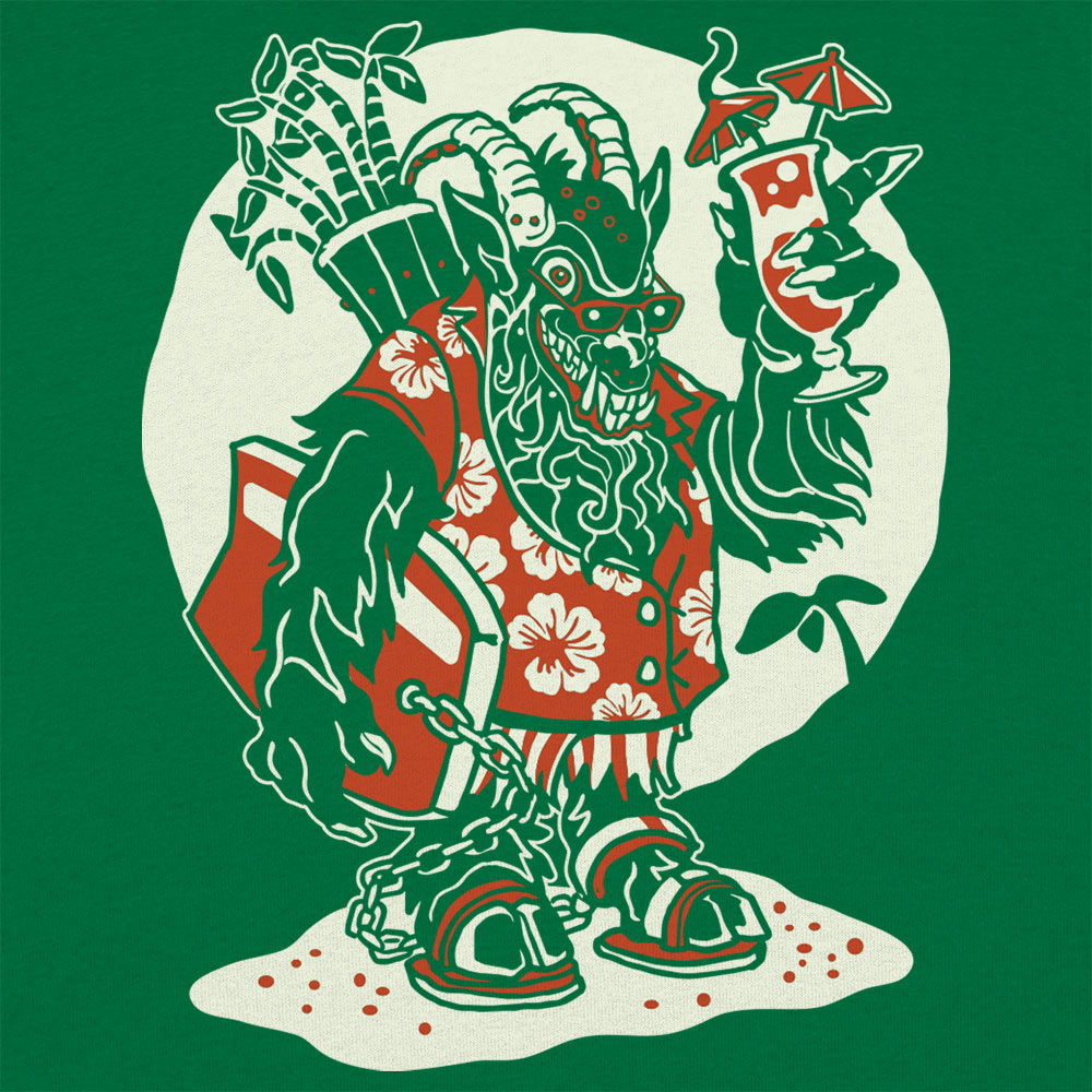 Beach Krampus Holiday Demon in Hawaiian with Cocktail