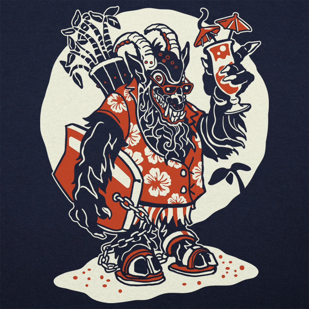 Beach Krampus Holiday Demon in Hawaiian with Cocktail
