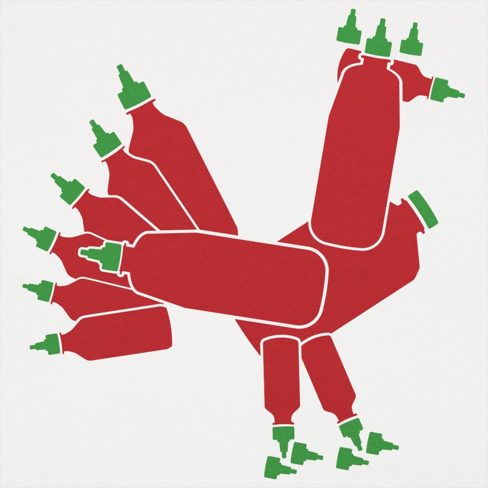 Hot Sauce Rooster Made of Sriracha Bottles