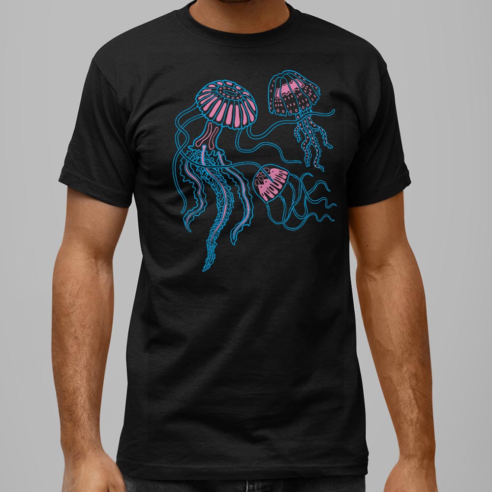 Jellyfish Trio Three Neon Pink and Blue Jellyfish with Flowing Tentacl