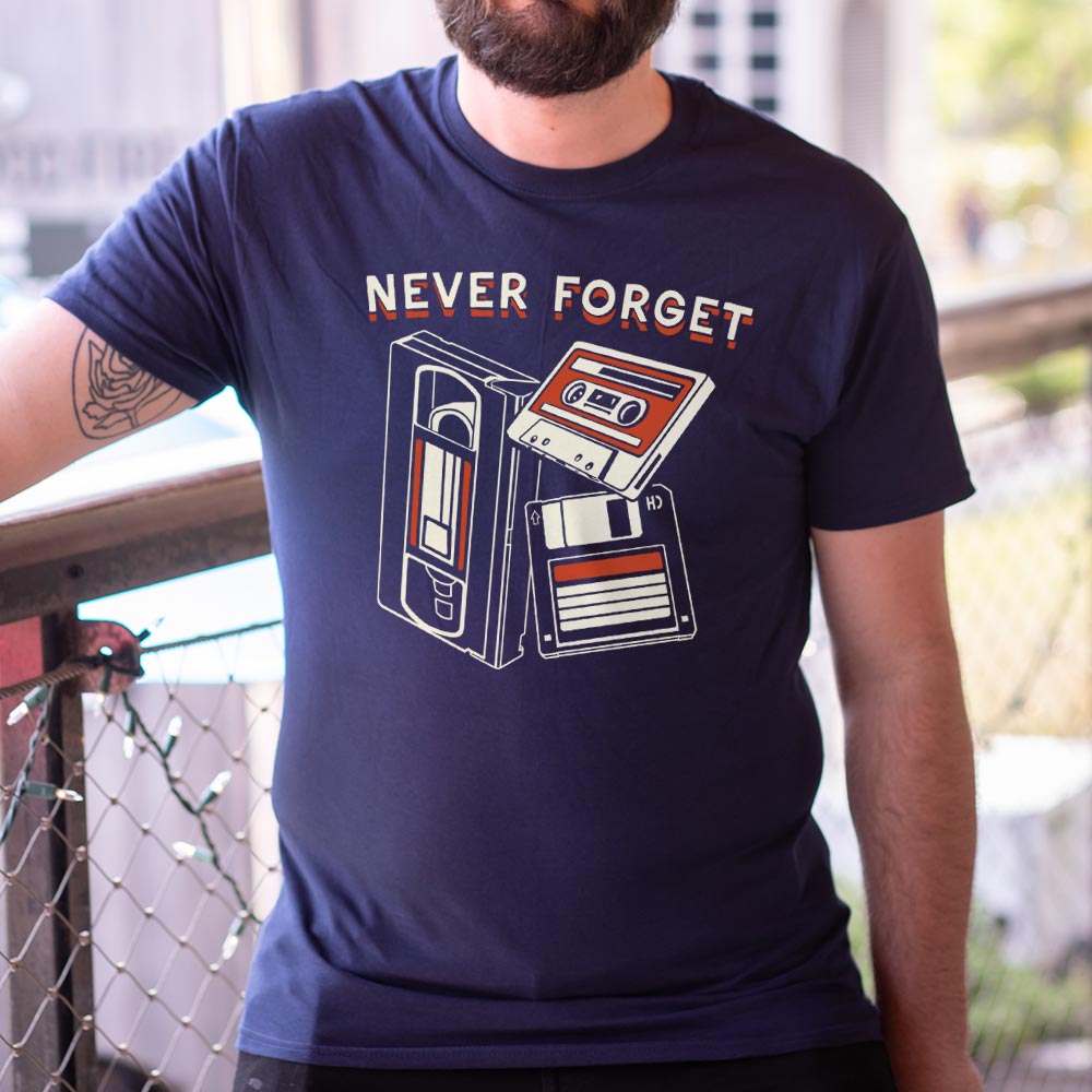 Never Forget Retro VHS Tape Cassette and Floppy Disk