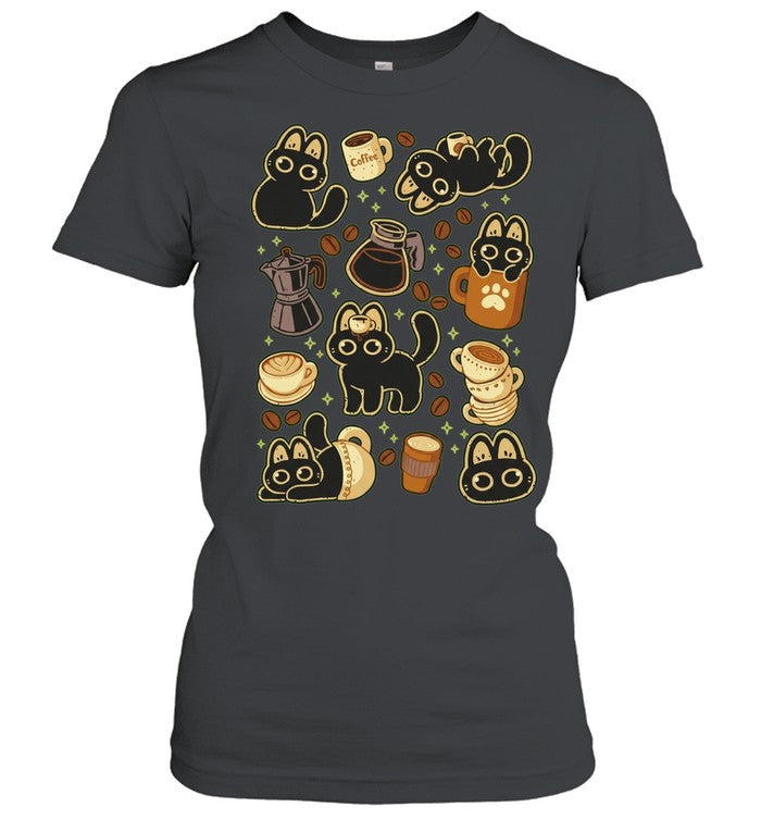 Black cat coffee theme illustration with coffee text Shirt