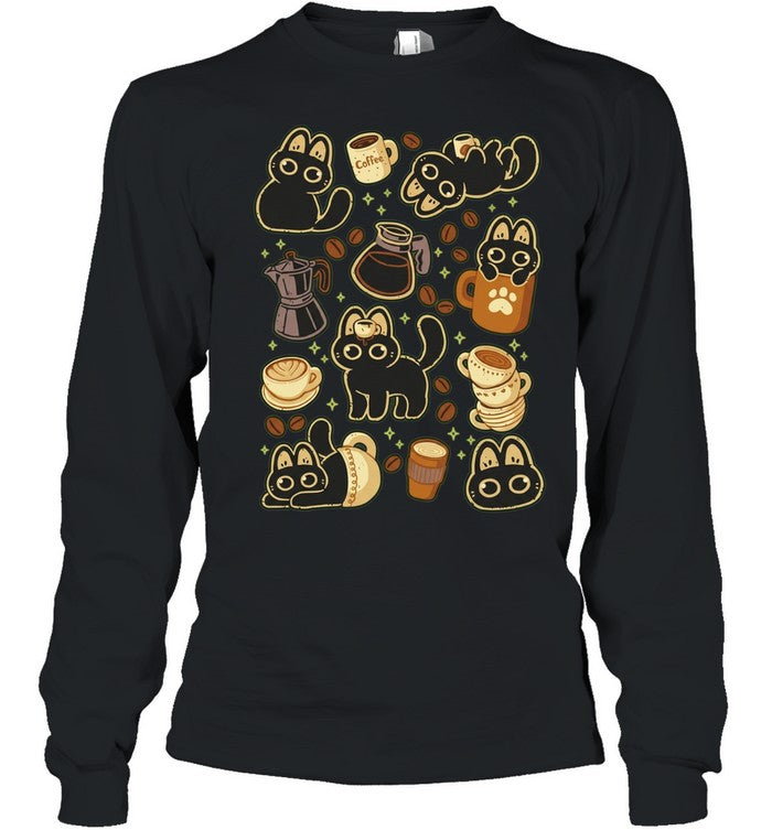 Black cat coffee theme illustration with coffee text Shirt