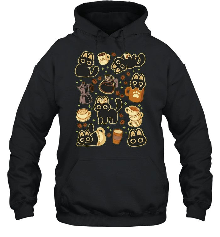 Black cat coffee theme illustration with coffee text Shirt