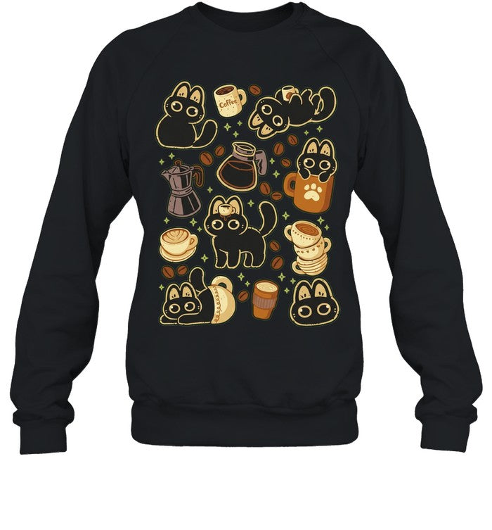 Black cat coffee theme illustration with coffee text Shirt