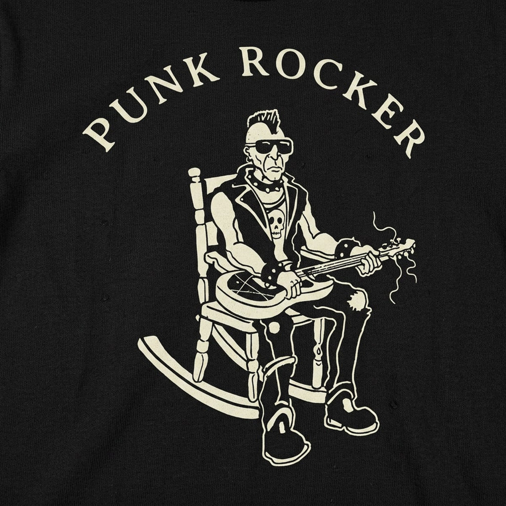Punk Rocker Old Man in Rocking Chair with Mohawk and Guitar