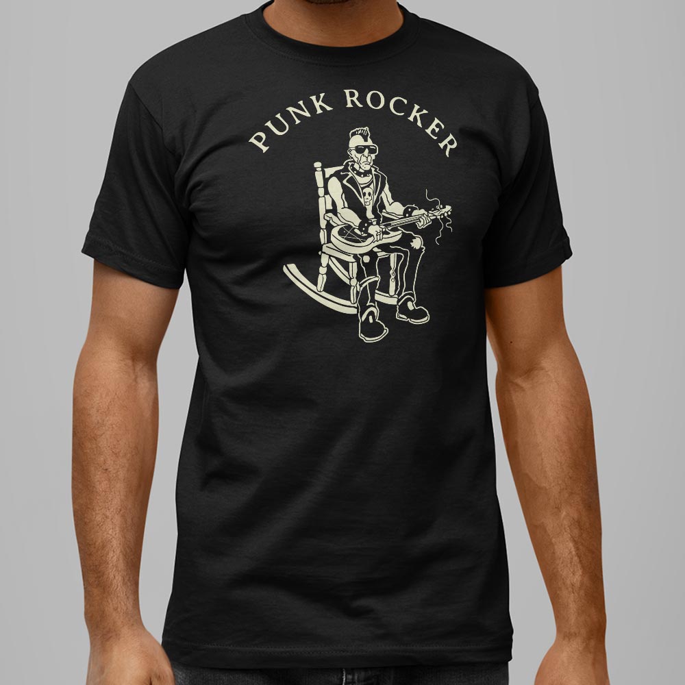 Punk Rocker Old Man in Rocking Chair with Mohawk and Guitar