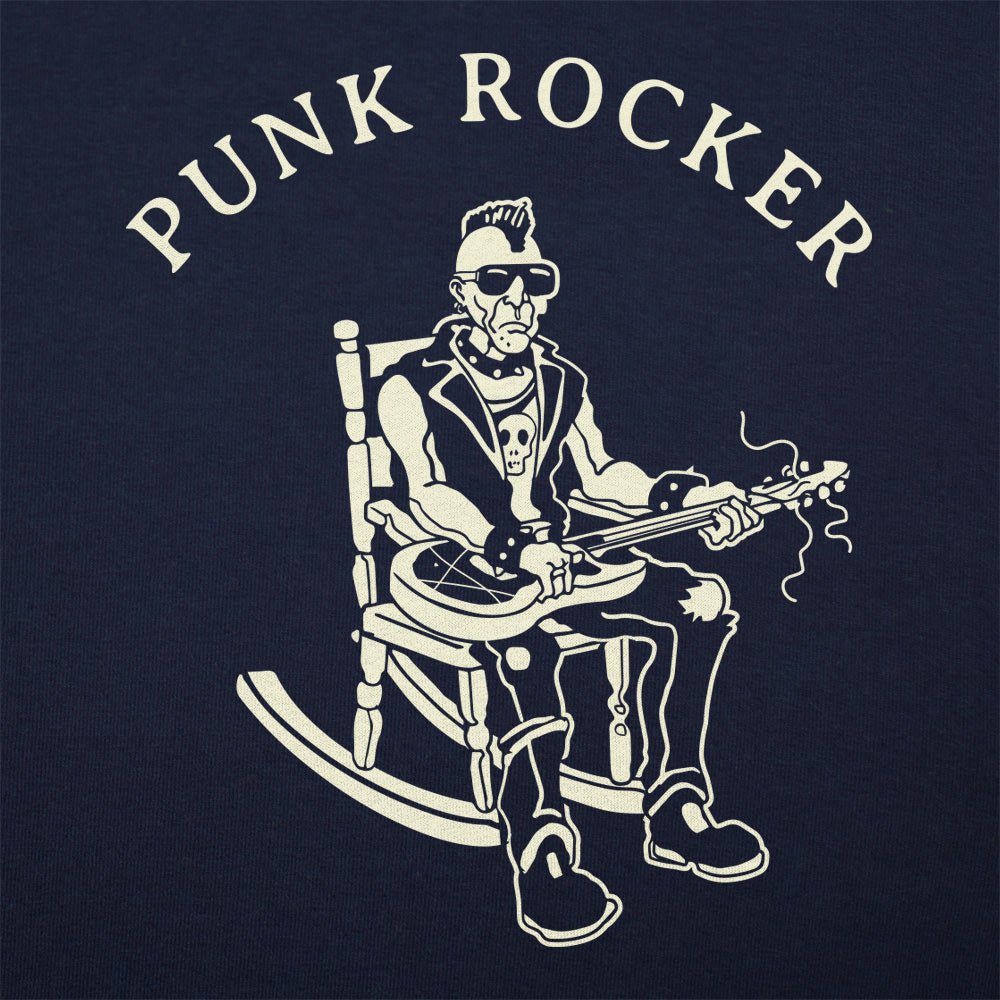 Punk Rocker Old Man in Rocking Chair with Mohawk and Guitar