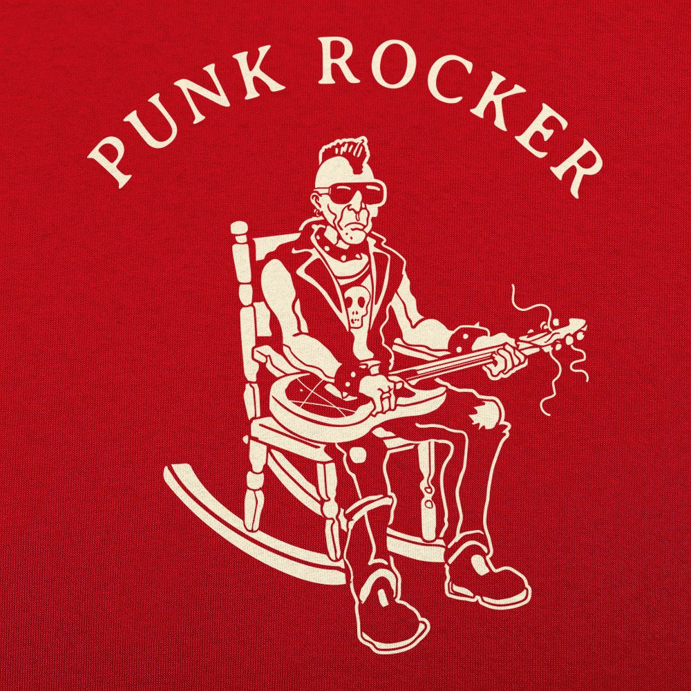 Punk Rocker Old Man in Rocking Chair with Mohawk and Guitar