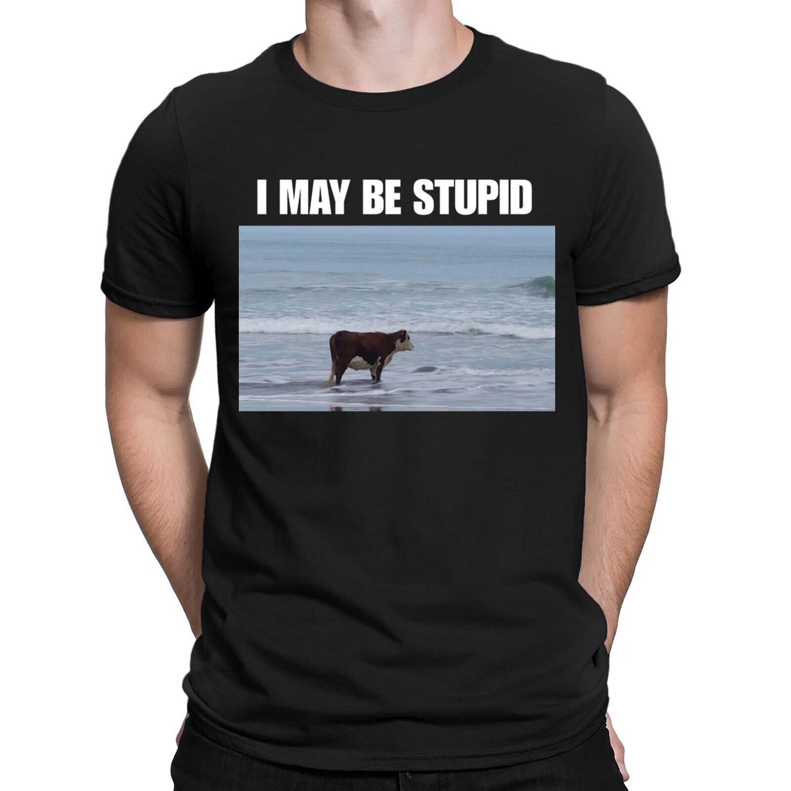 I May Be Stupid Cow on Beach Funny Meme Sarcastic Joke Sarcasm Mens T-Shirts#NED