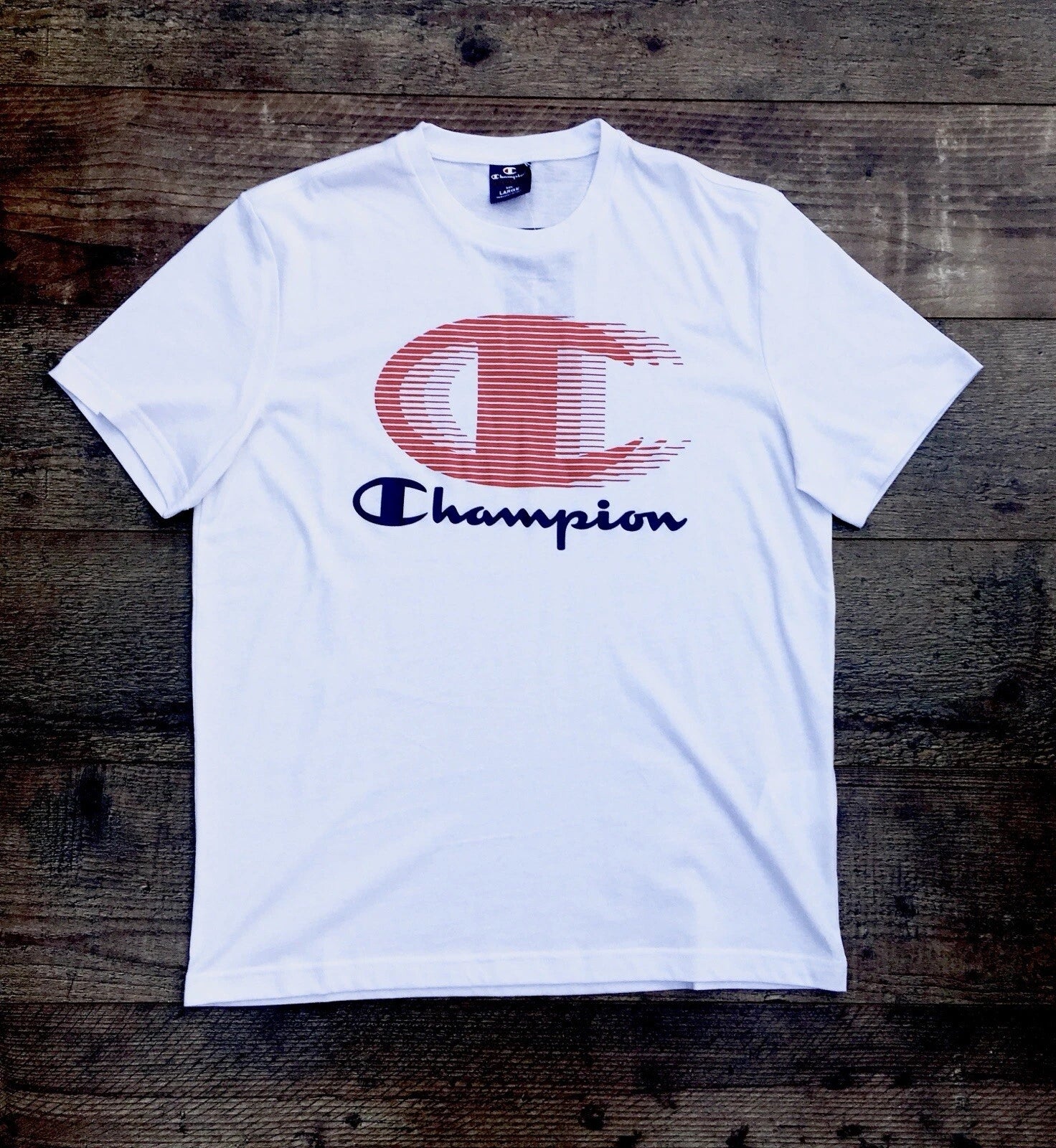 Champion White TShirt Men’s XL Tee Shirt Round Neck Spellout Printed Retro