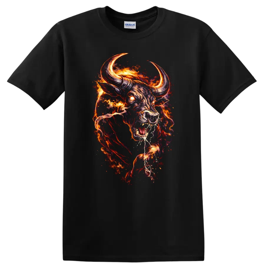 Fiery Bull Head Graphic T Shirt Creative Animal Art Tee Unique Design