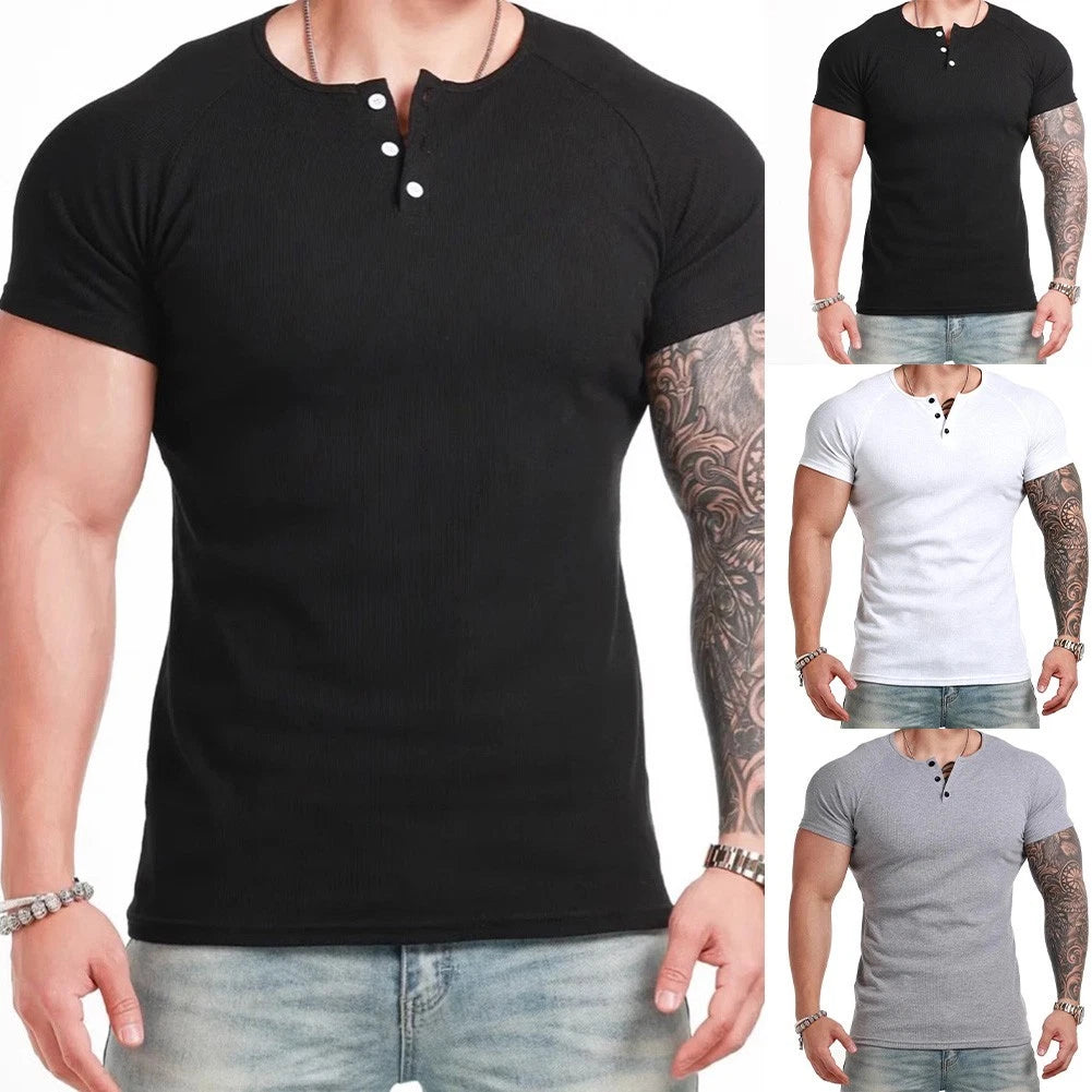 Ribbed Men's Short Sleeve T Shirt Casual Muscle Base Top for Daily Wear