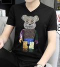 New Men Fashion V-Neck Diamond Rhinestones Bear Luxury Black T-Shirt
