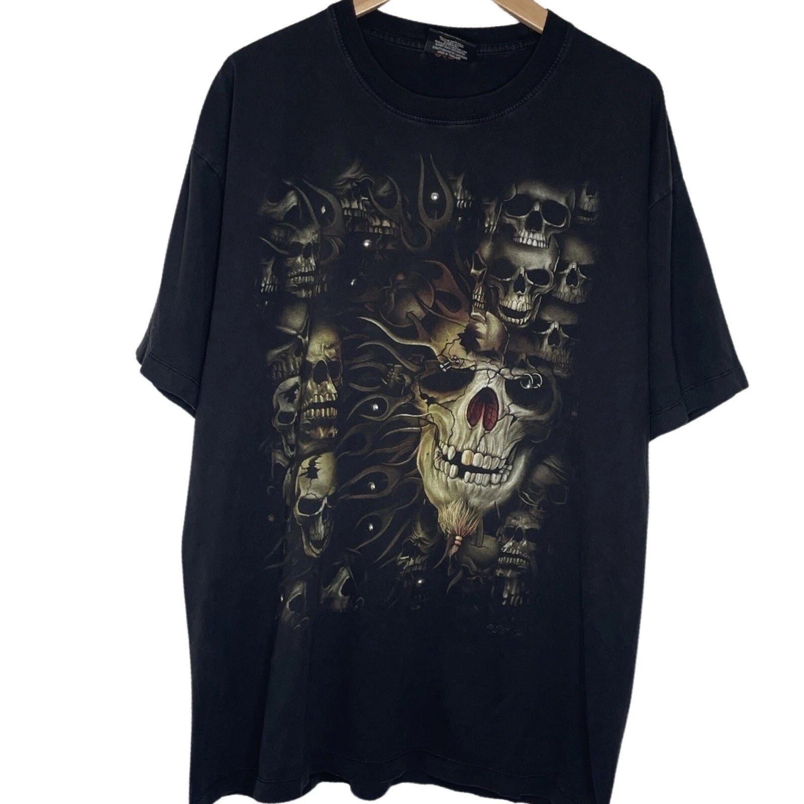 Vintage Y2K Rock Chang Skulls Flames Double Sided Biker Tee XL
