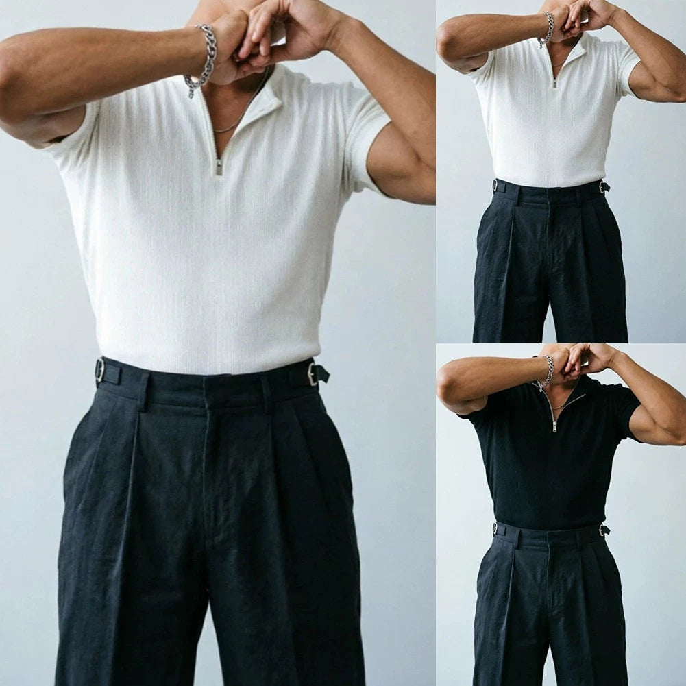 Short Sleeve Zip V Neck T-Shirt for Men Stretch Fabric Training Fitness Casual