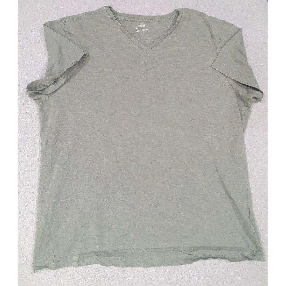 H&M V-Neck T-Shirt Mens XL Sage Green Excellent Regular Fit Slub Cotton Tee