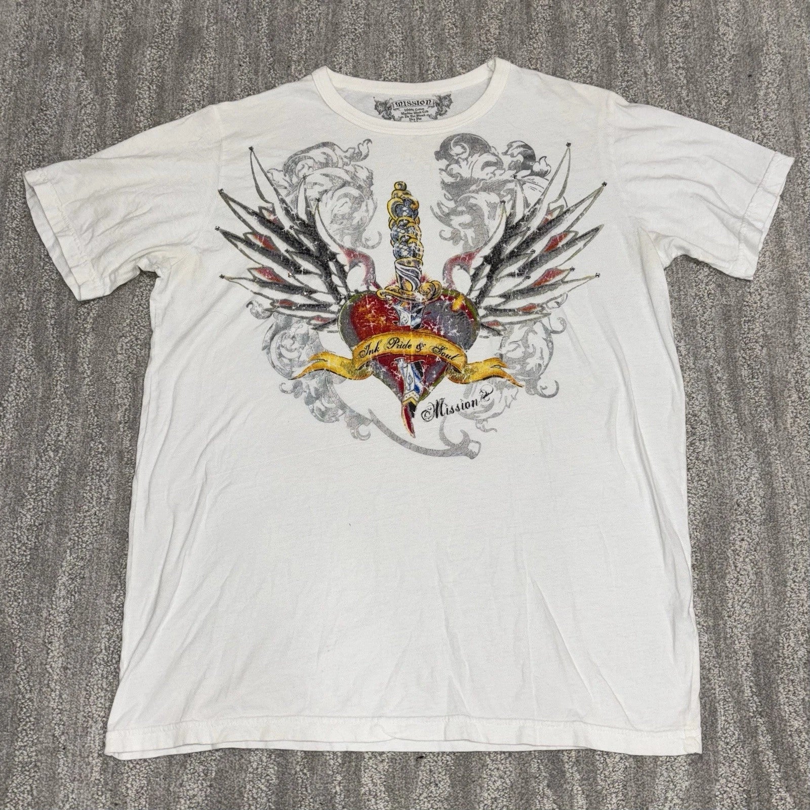 Mission Y2K Graphic Short Sleeve T-Shirt Embellished Cotton Tattoo Men’s Sz L