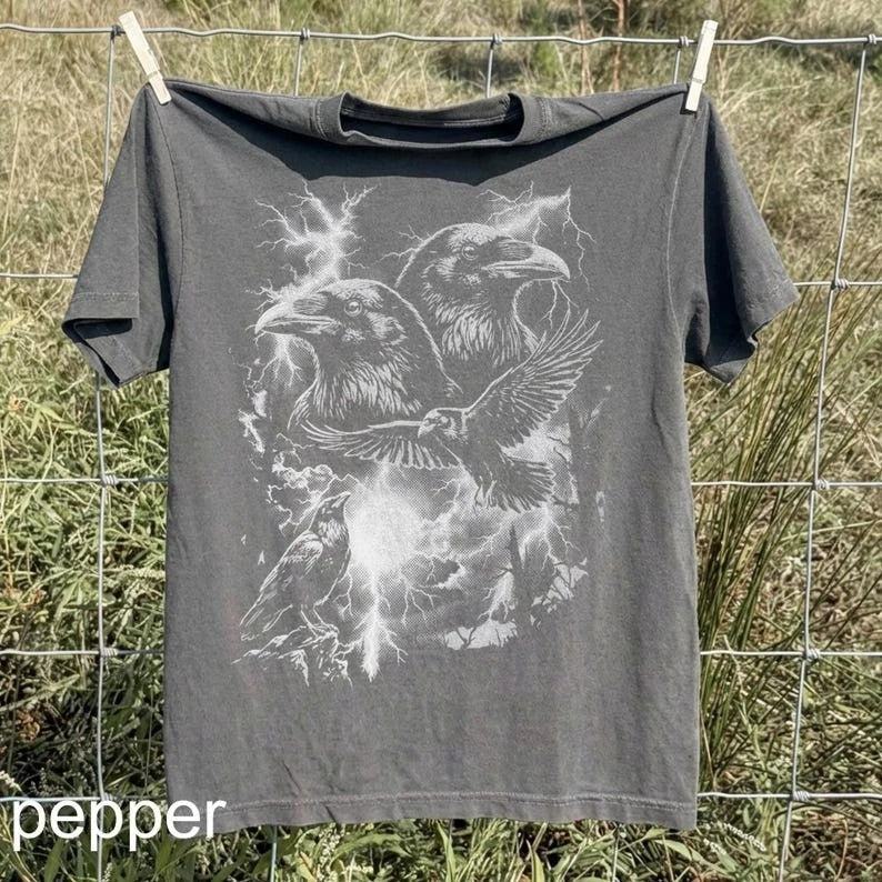 Crow Gothic Vintage 90s Shirt, Dark Bird Moon T-Shirt, Mystic Nature Size S-3XL