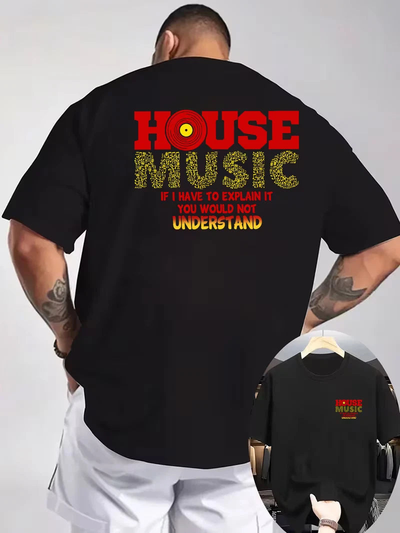 House Music Graphic T Shirt Men's DJ Club Front Back Print Short Sleeve Tee