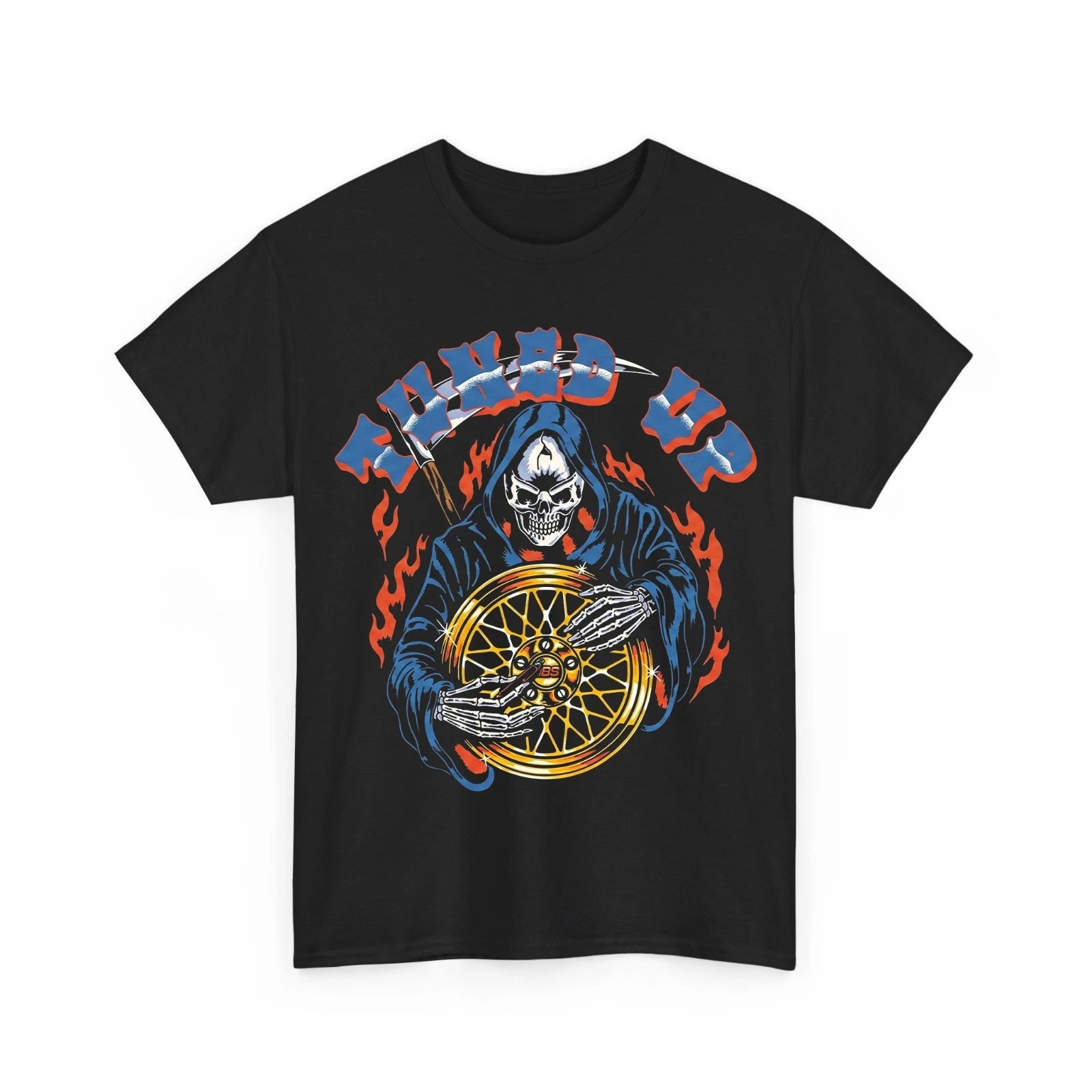 Tuned Up Grim Reaper Car Wheel Mechanic Street Racing Graphic Mens T-Shirt