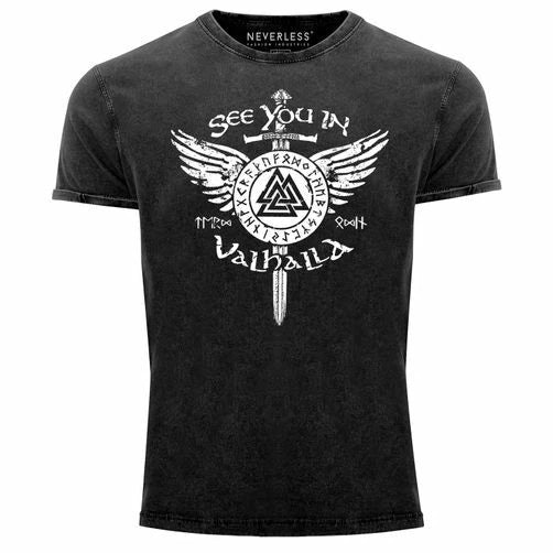 Mens Vintage Shirt See You In Valhalla Sword Runes Odin Vikings Print Shirt