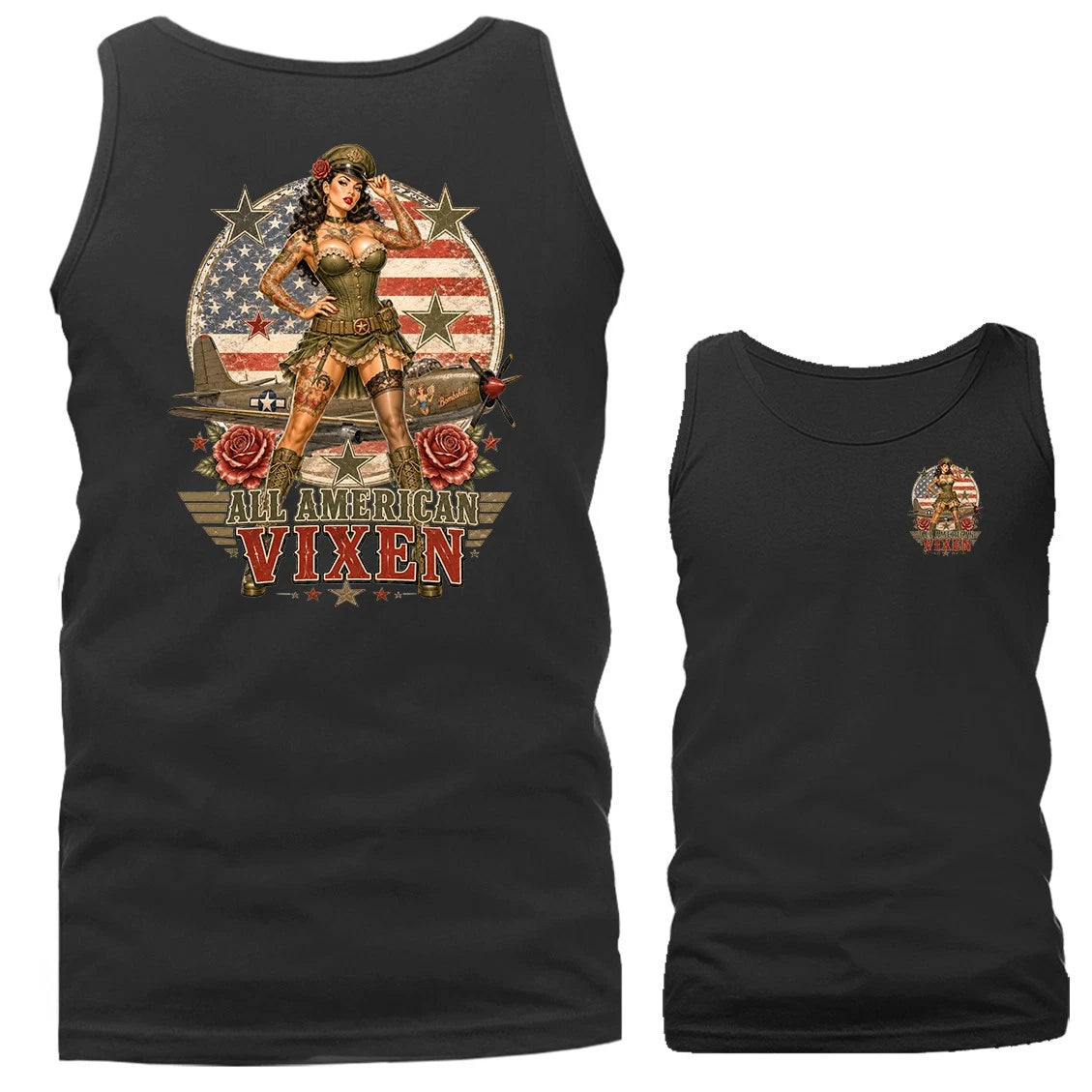 All American Vixen Military Women Airplane American Flag Tank Top