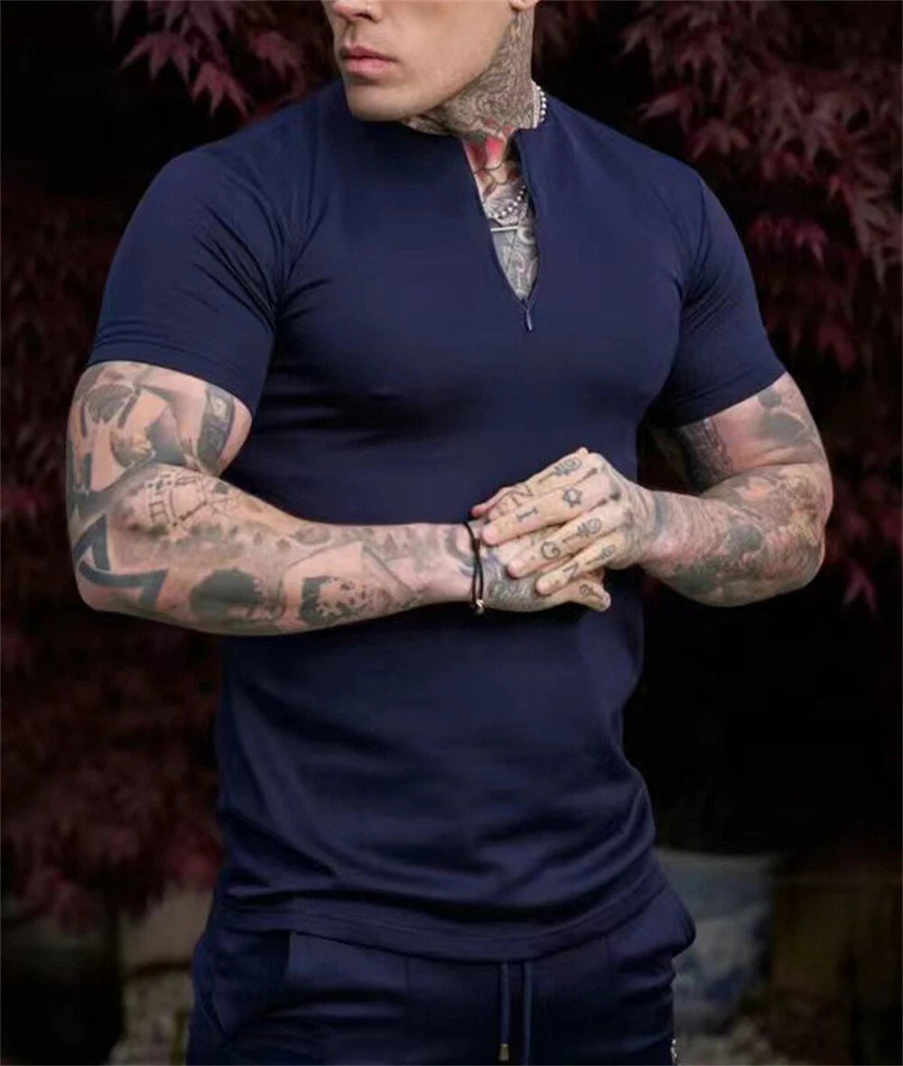 Men's Short Sleeve Slim Fit T-Shirts Summer Shirts Casual Zipper Shirt