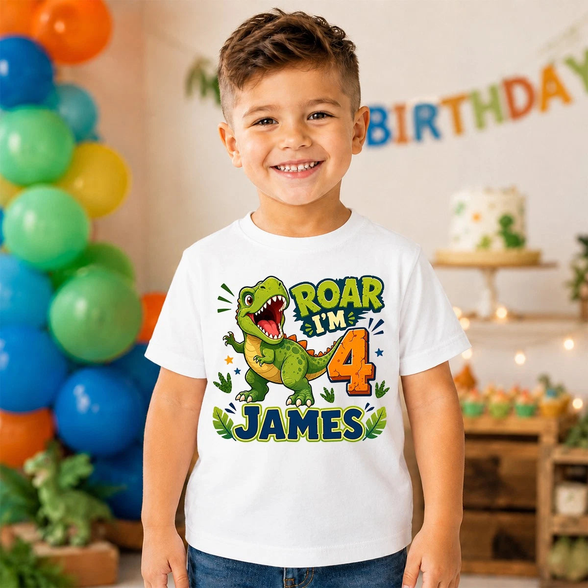 Personalised Dinosaur Birthday Kids T Shirt Roar I'm 4 Boys Custom Party Tee Gif