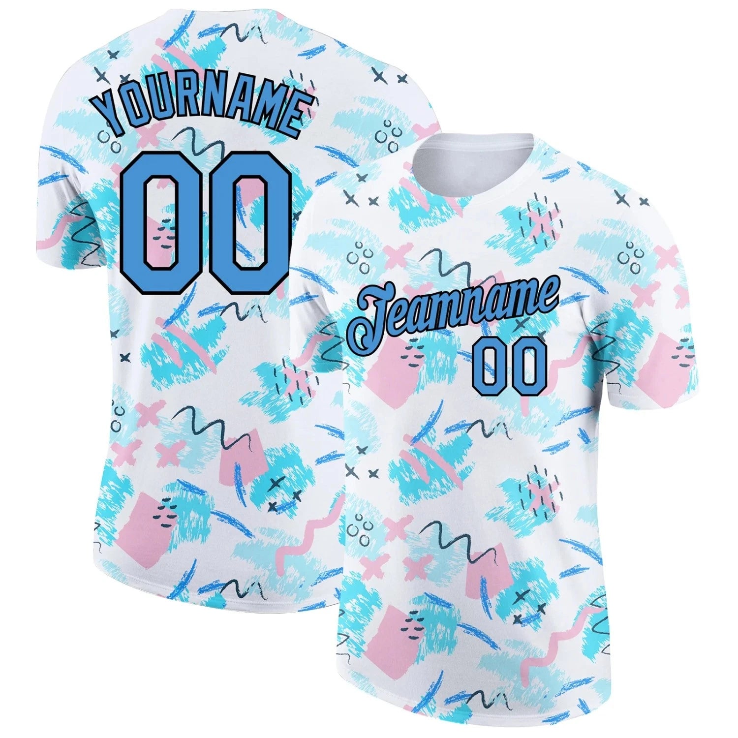 Custom White Powder Blue-Black 3D Pattern Design Abstract Doodle Performance T-S