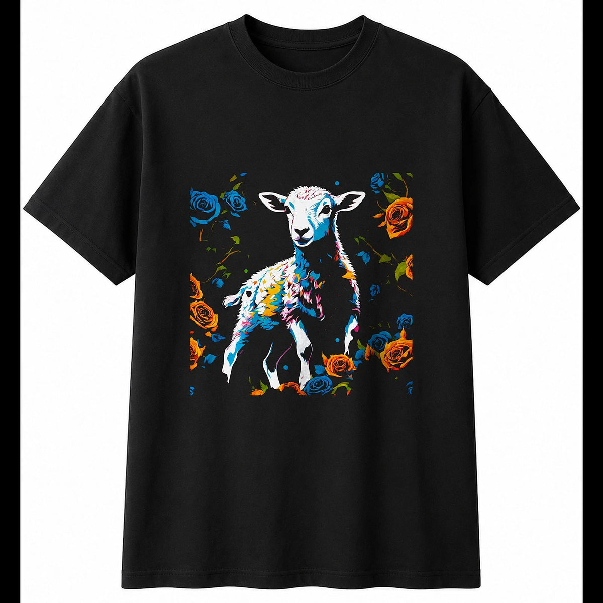 Psychedelic Lamb with Roses Sheep Cute Mens T-Shirt Black 100% Cotton Kawaii Top
