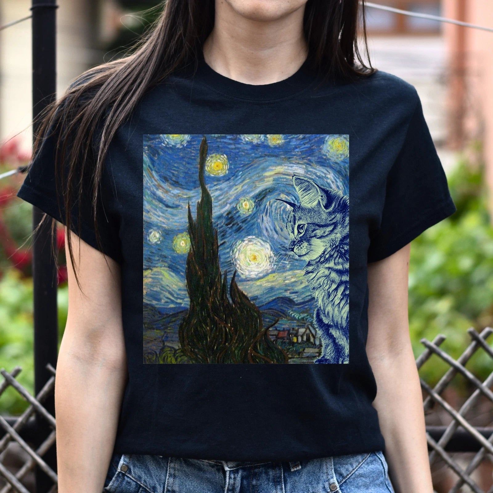 Cat on picture Unisex shirt cute cat art tee Black Dark Heather