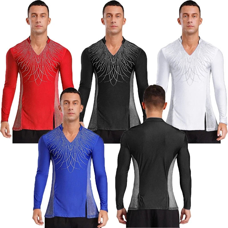 TiaoBug Men Latin Modern Ballroom Dance Tops Rhinestones Figure Skating AU