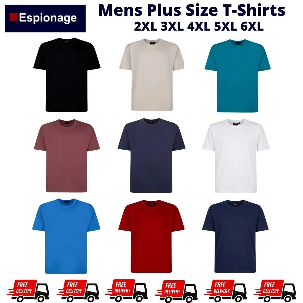 Espionage T-Shirt Mens Big & Tall Short Sleeve Plain Colours 2XL to 6XL Cotton