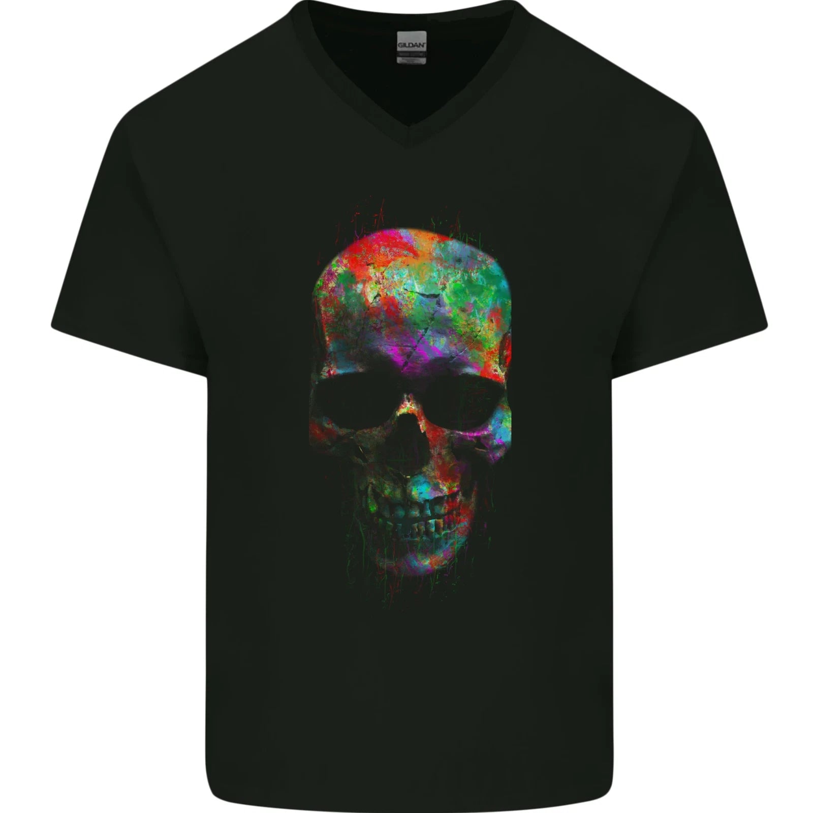 Radiantly Coloured Skull Mens V-Neck Cotton T-Shirt