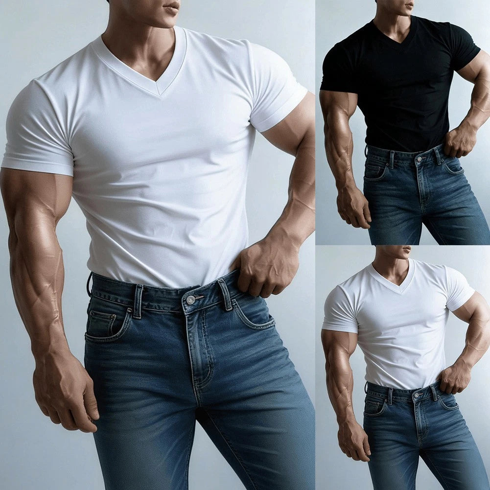 Men Short Sleeve V Neck T Shirt Regular Fit Solid Color Activewear Pullover