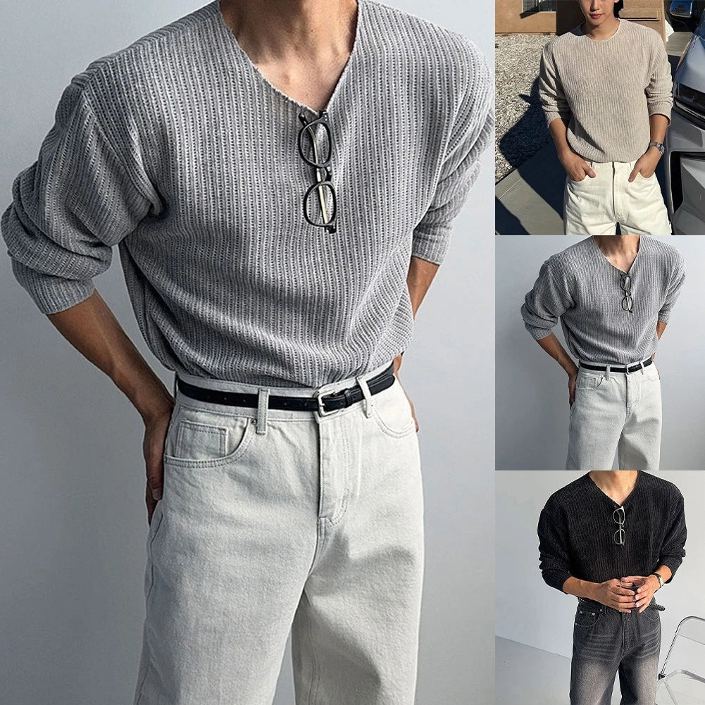 Men Casual Korean Style Loose Long Sleeve Knit T Shirt Streetwear Base Top