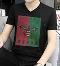 New Men Fashion V-Neck Diamond Bee Rhinestone Luxury Black T-Shirt