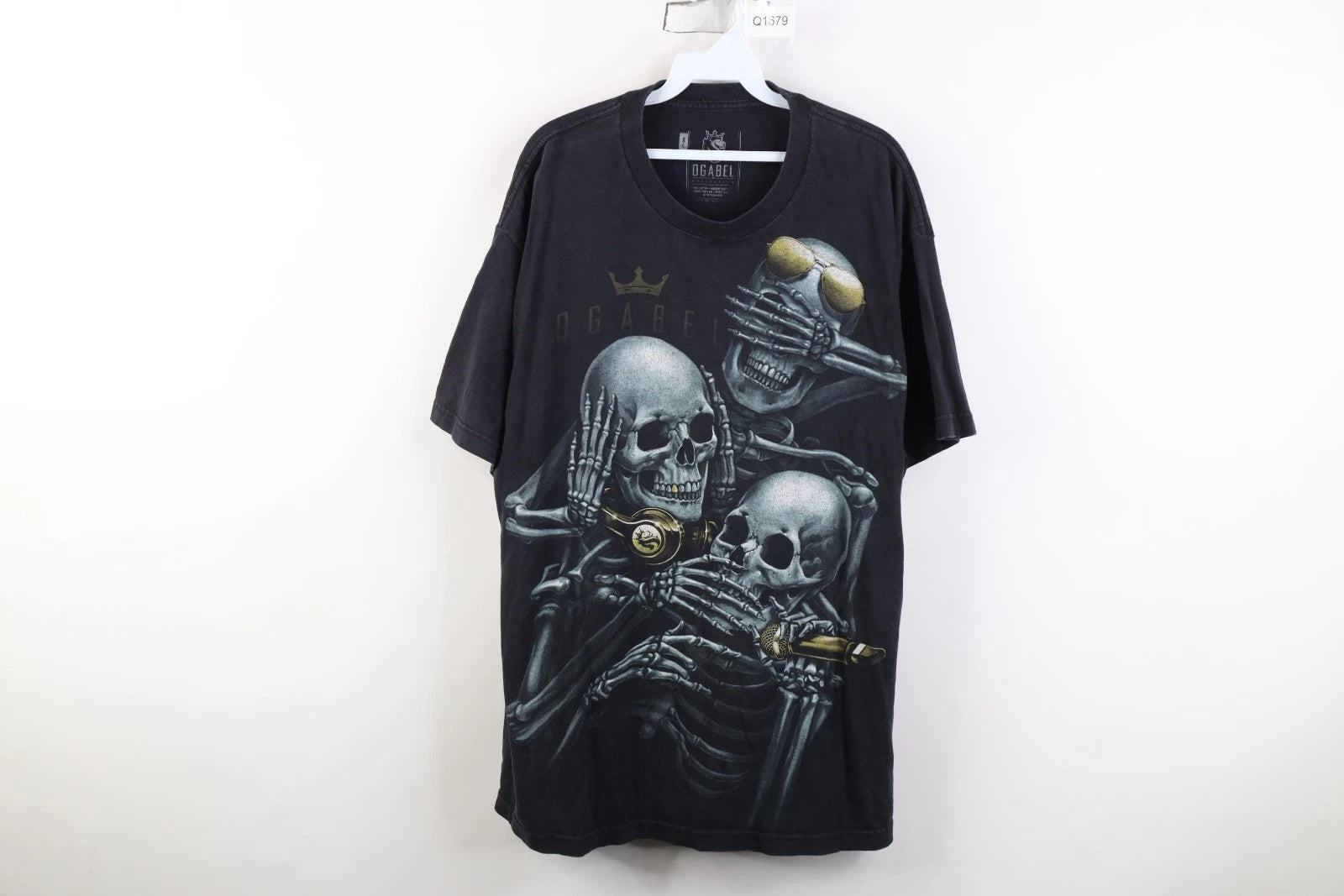 Vtg Y2K Streetwear Mens XL Faded Hear See Speak No Evil Skeleton Hip Hop T-Shirt