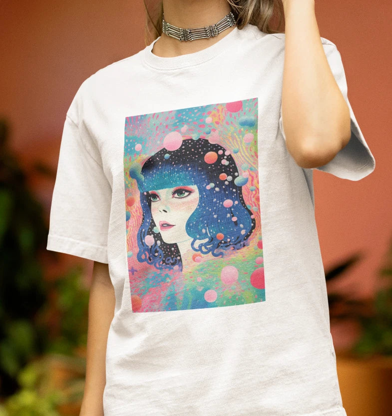 Blue Hair Woman T shirt - Cute Girl - Psychedelic - Vintage %100 Cotton