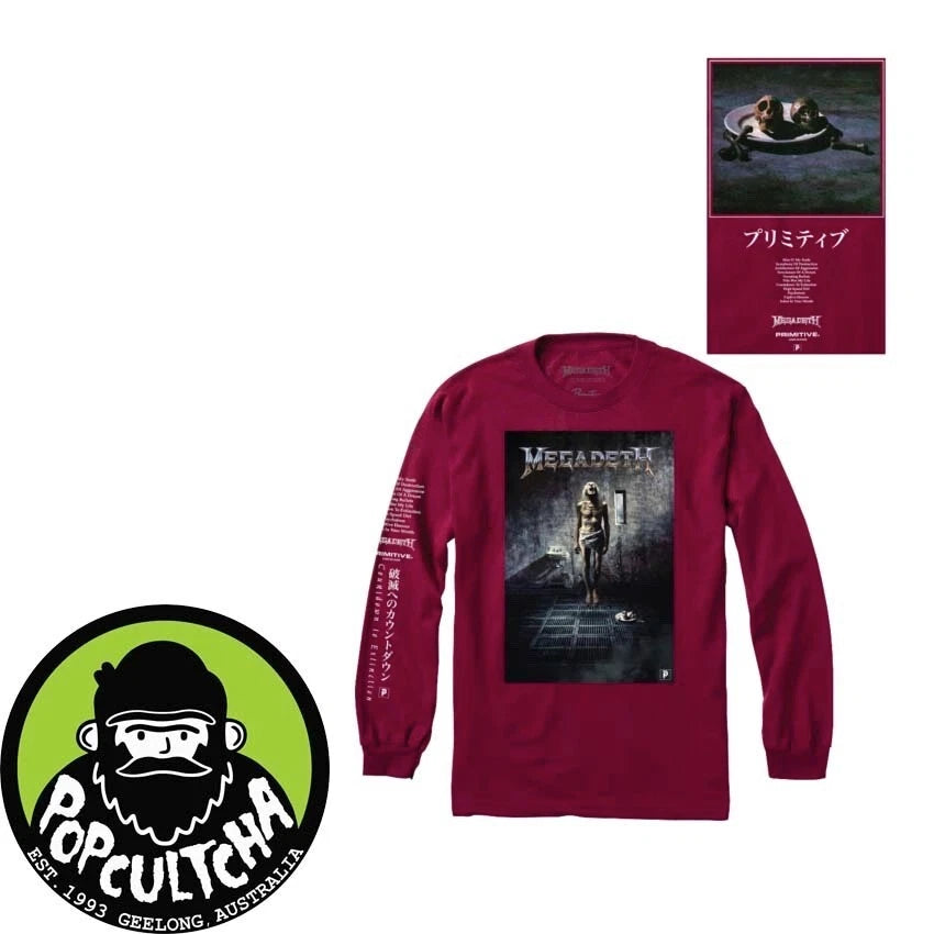 Megadeth - Megadeth x Primitive Skin Burgundy Long Sleeve T-Shirt "New"