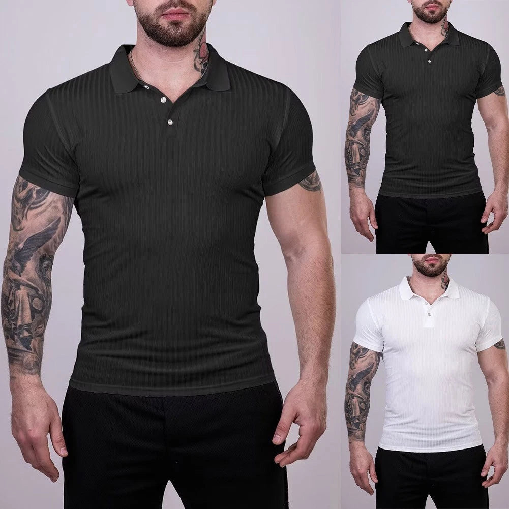Ribbed Polyester Spandex Short Sleeve Pullover T-Shirt for Men Slim Fit Top
