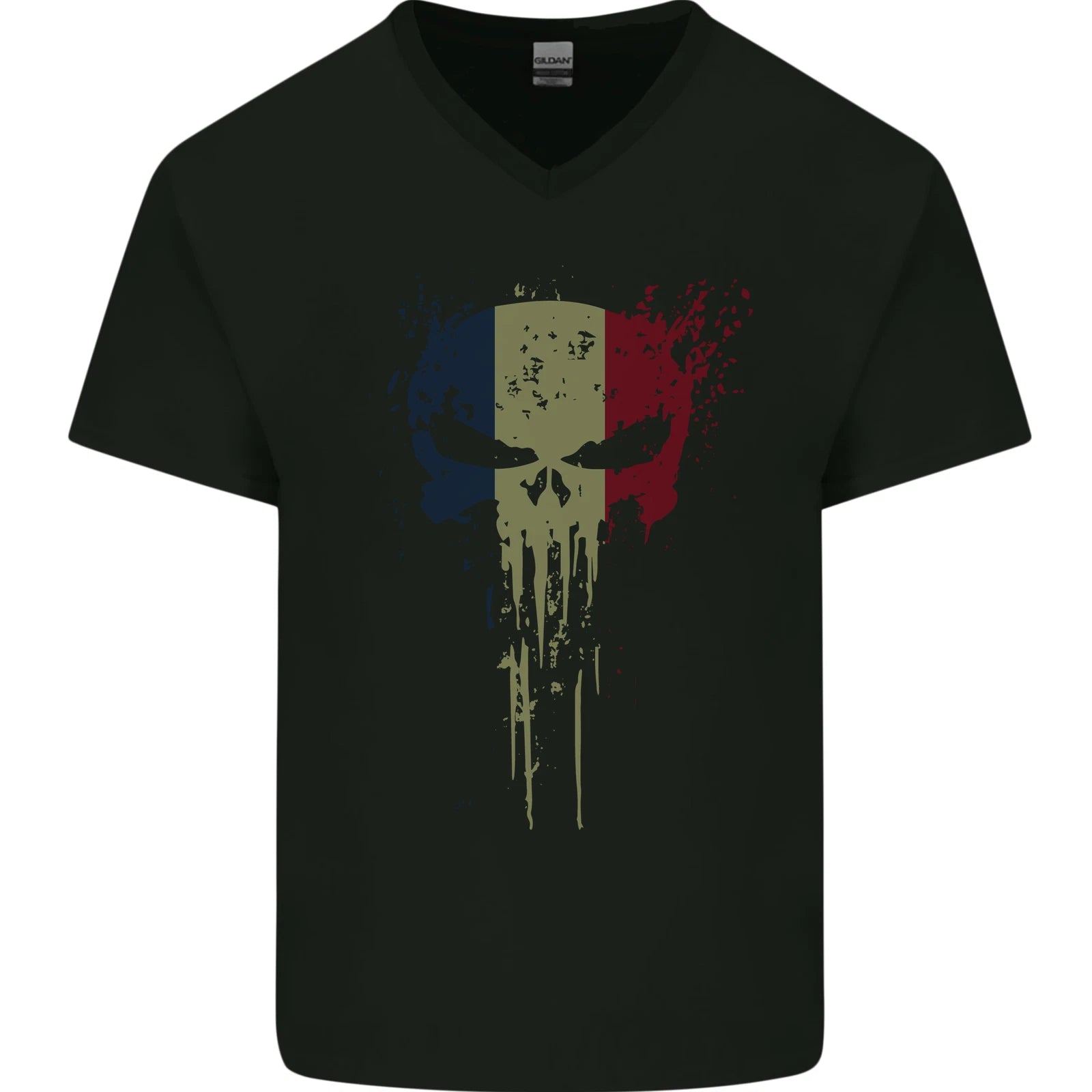 France Skull Gym Training Bodybuilding Mens V-Neck Cotton T-Shirt