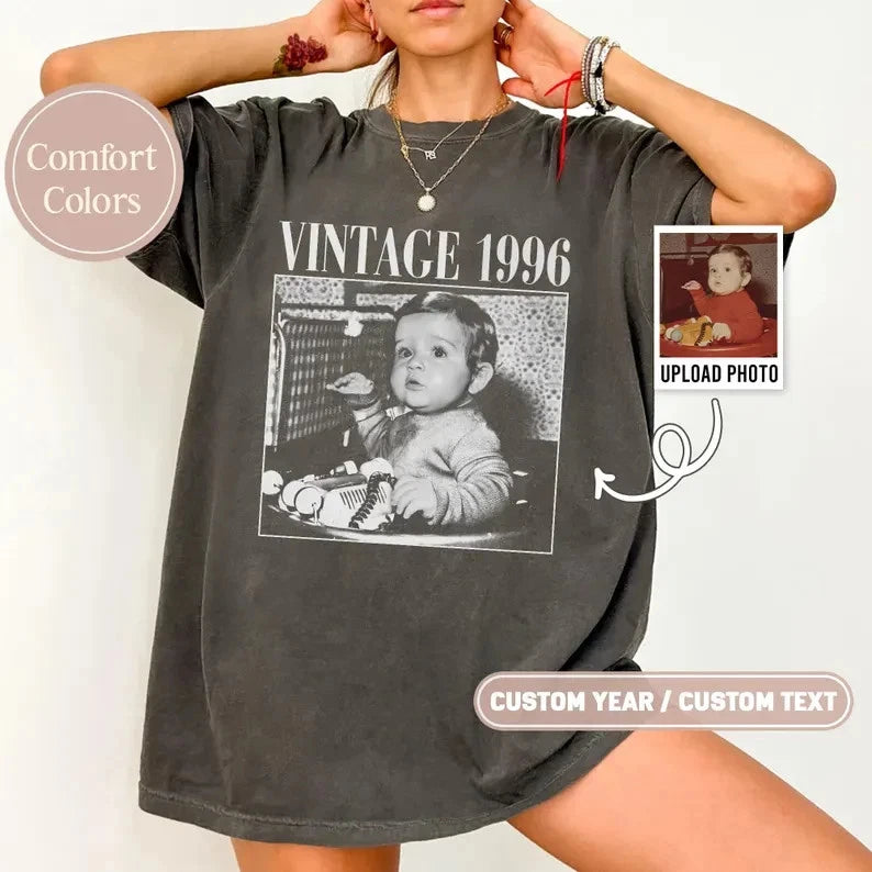 Personalized Vintage Photo Birthday Shirt with Year, Retro Custom Gift
