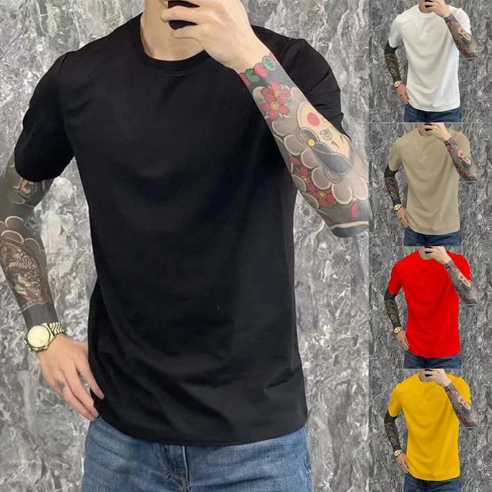 Simple Men's Round Neck Top with Short Sleeves in Various Solid Colors