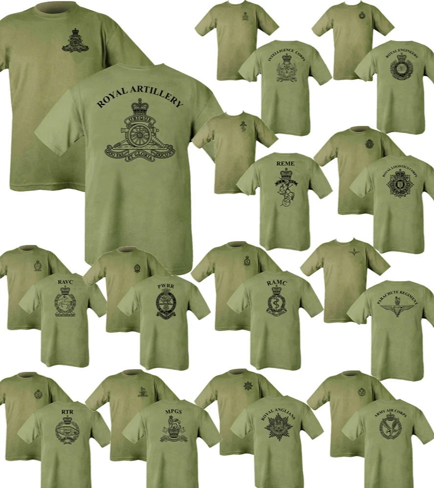 PRINTED ARMY Olive Green TSHIRT Double Sided CAP BADGE HM RE Para REME RGR RAMC