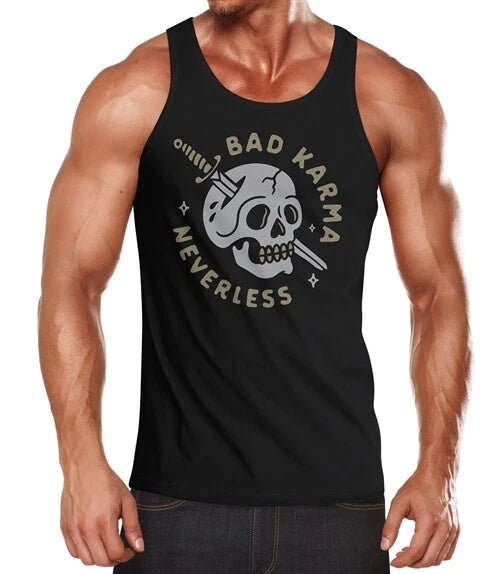 Men's Tank Top Biker Motif Skull Bad Karma Lettering Fashion Street Style